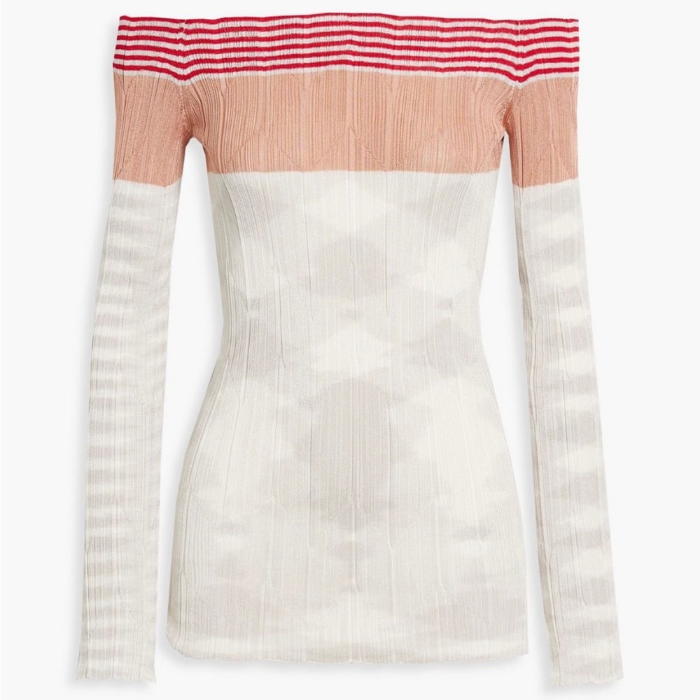 MISSONI OFF-THE-SHOULDER RIBBED CROCHET KNIT TOP